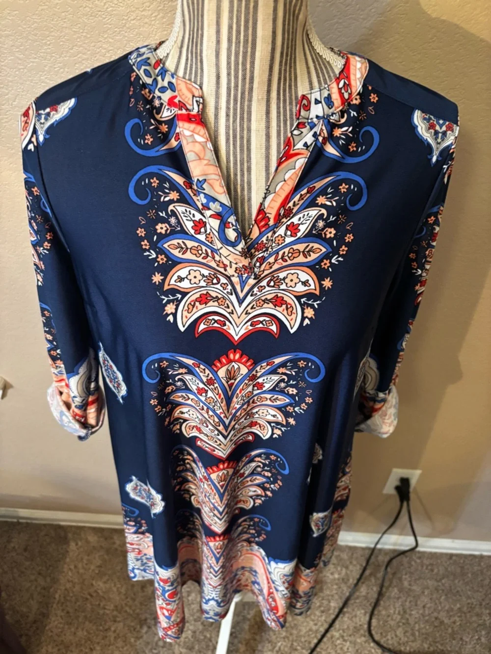 New Directions Dress Small Petite Navy Blue Paisley Floral Orange Red Mini Boho